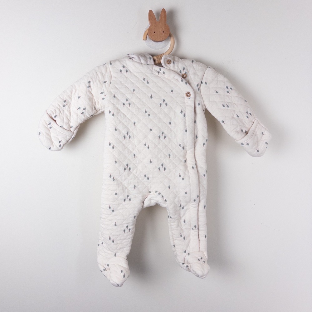 Carters Quilted Pram Suit Kids 3M Cream Tree Print Hooded Bunting One Piece